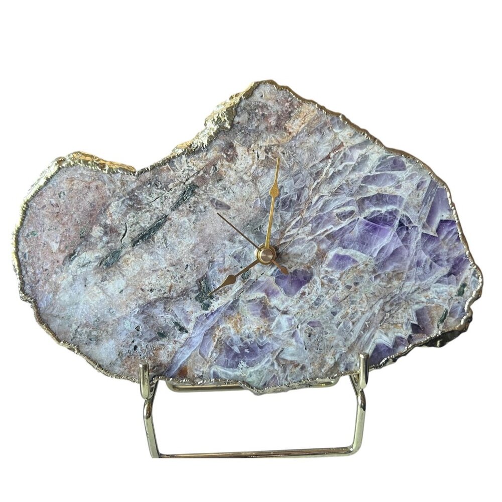 Amethyst Slab Desk or Wall Clock With Gold Edges & Detachable Stand 6.5”TX9.75”